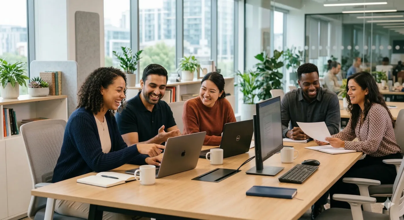 Small support and onboarding team collaborating in a modern office.