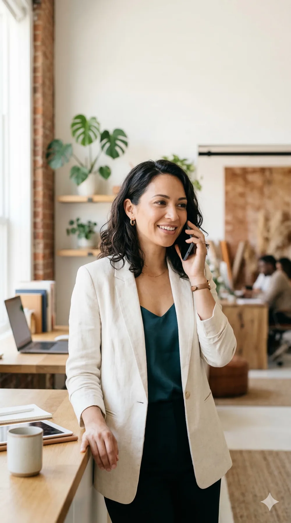 Small business owner taking a business call in a bright office environment.