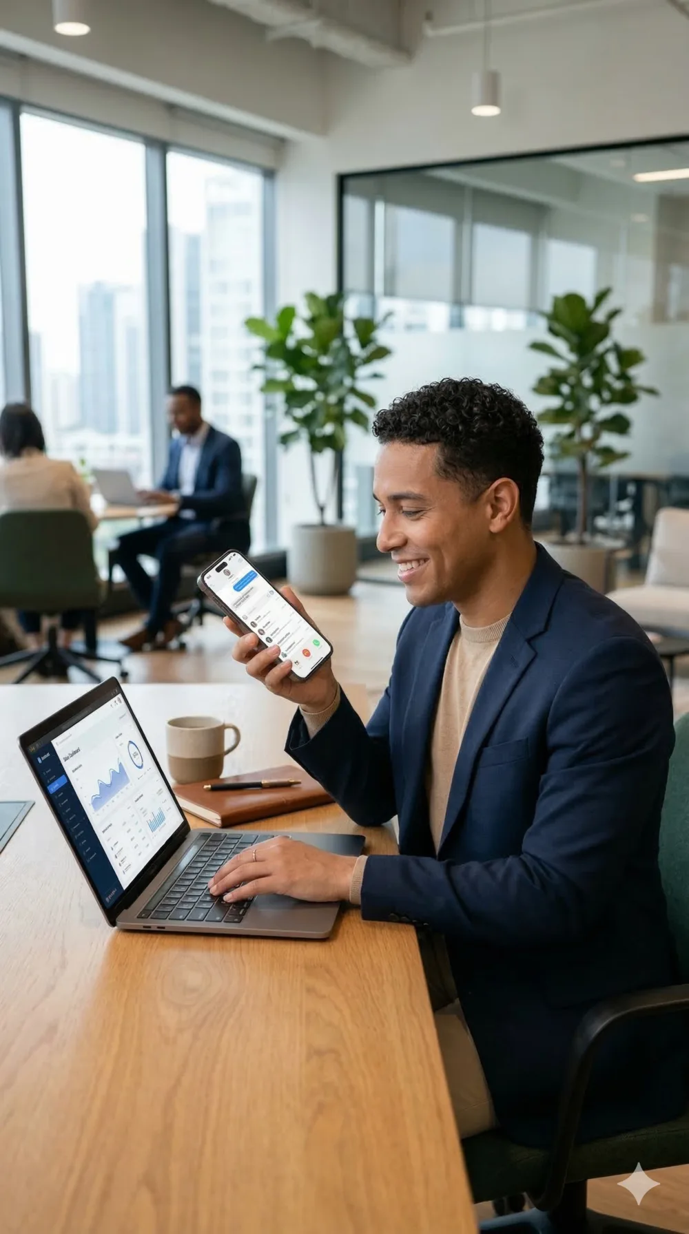Business owner using a smartphone and laptop to manage calls and messages.
